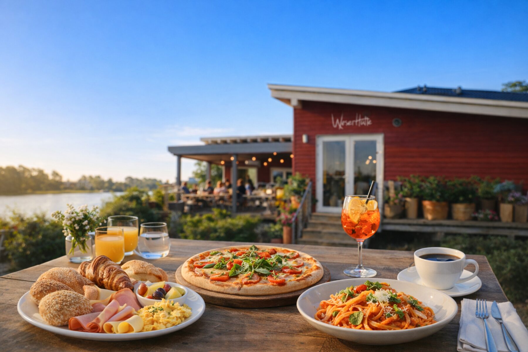 Gedeckter Tisch mit Pizza, Pasta und Aperol vor der roten WeserHütte am Fluss bei Sonnenuntergang
