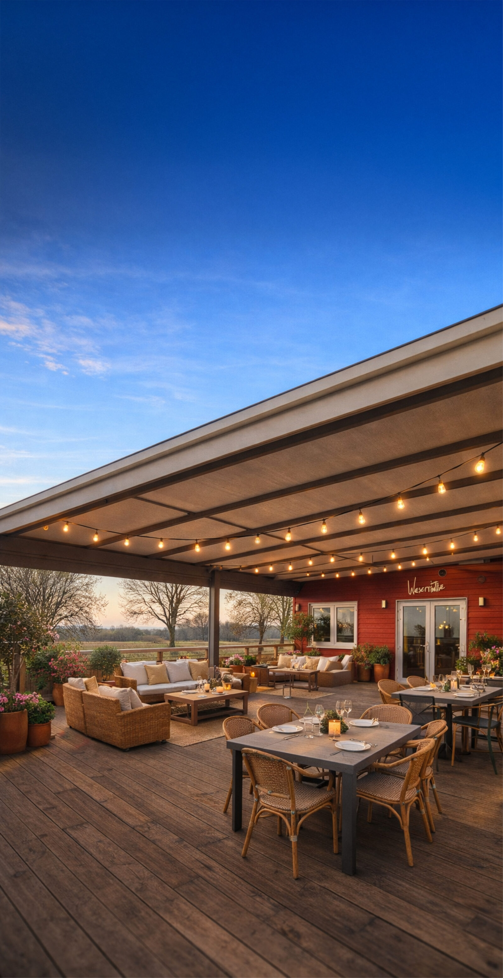 Überdachte Terrasse der WeserHütte am Abend mit Lichterketten und gedeckten Tischen
