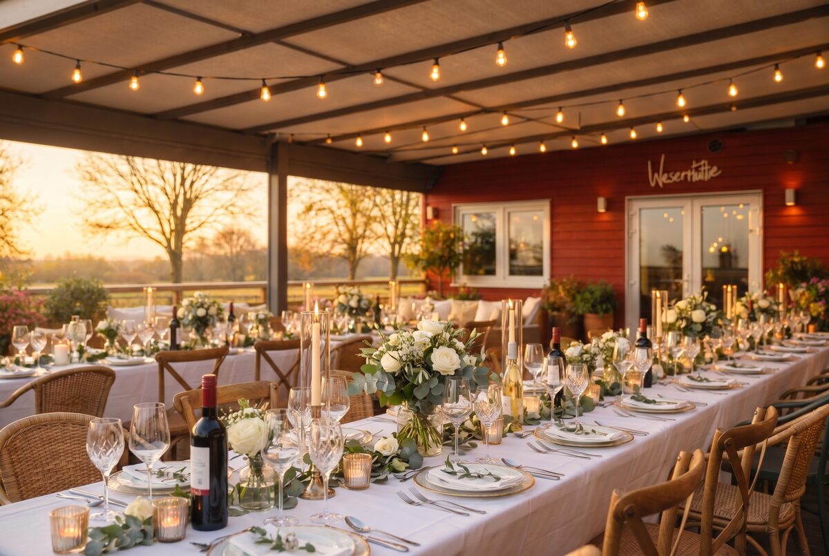 Festlich gedeckte Hochzeitstafel auf der Terrasse der WeserHütte