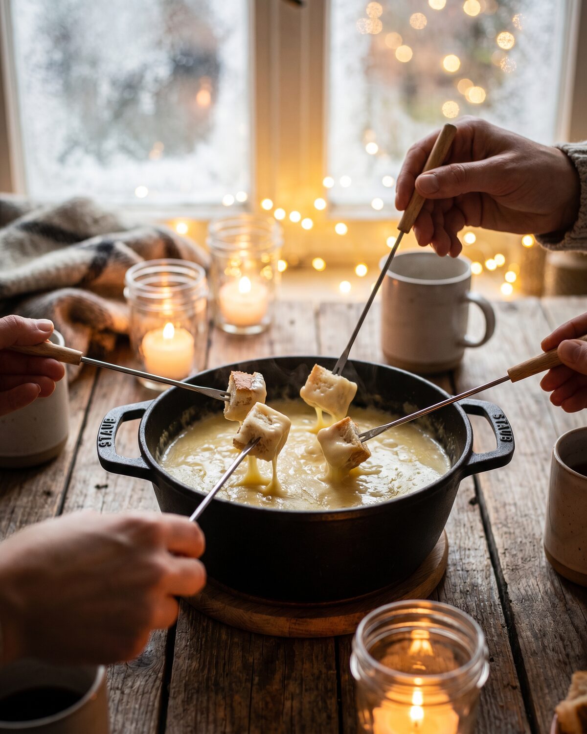 Blubberndes Käsefondue mit Brotwürfeln