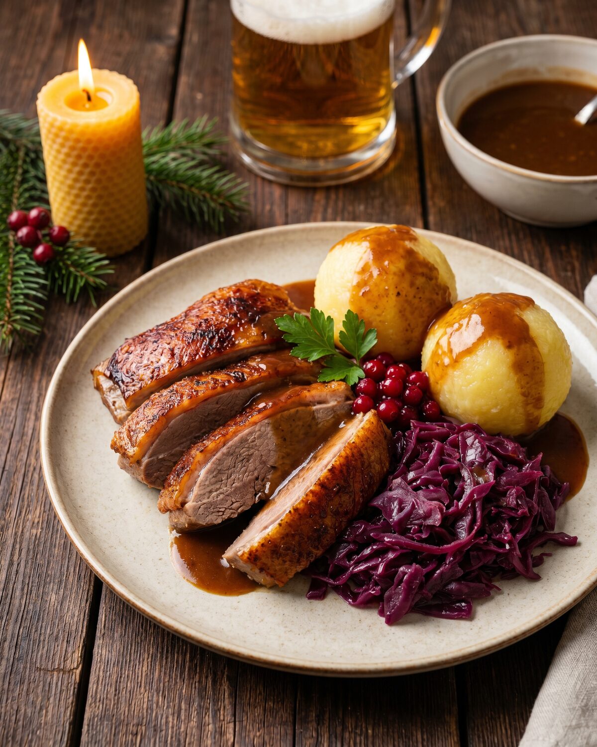 Gänsebraten mit Rotkohl und Kartoffelknödeln