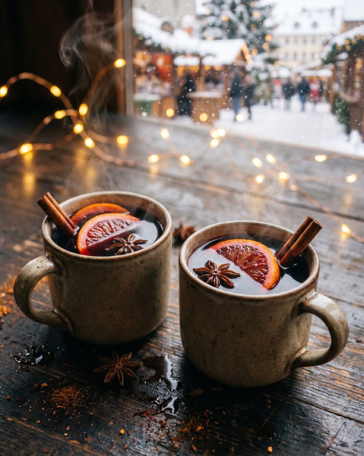 Dampfender Glühwein mit Orange und Zimt auf der Terrasse