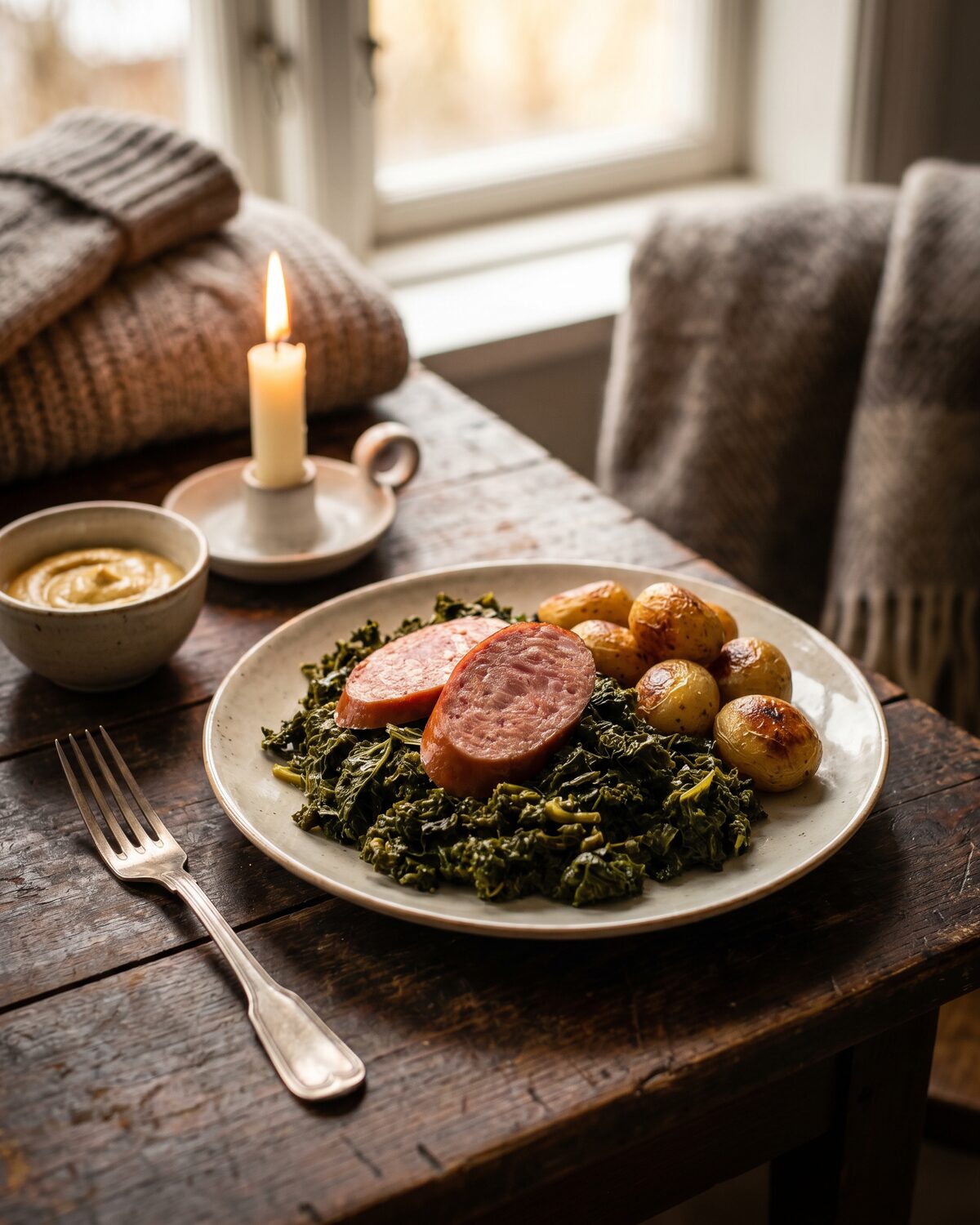 Deftiger Grünkohl mit Kohlwurst und Kartoffeln