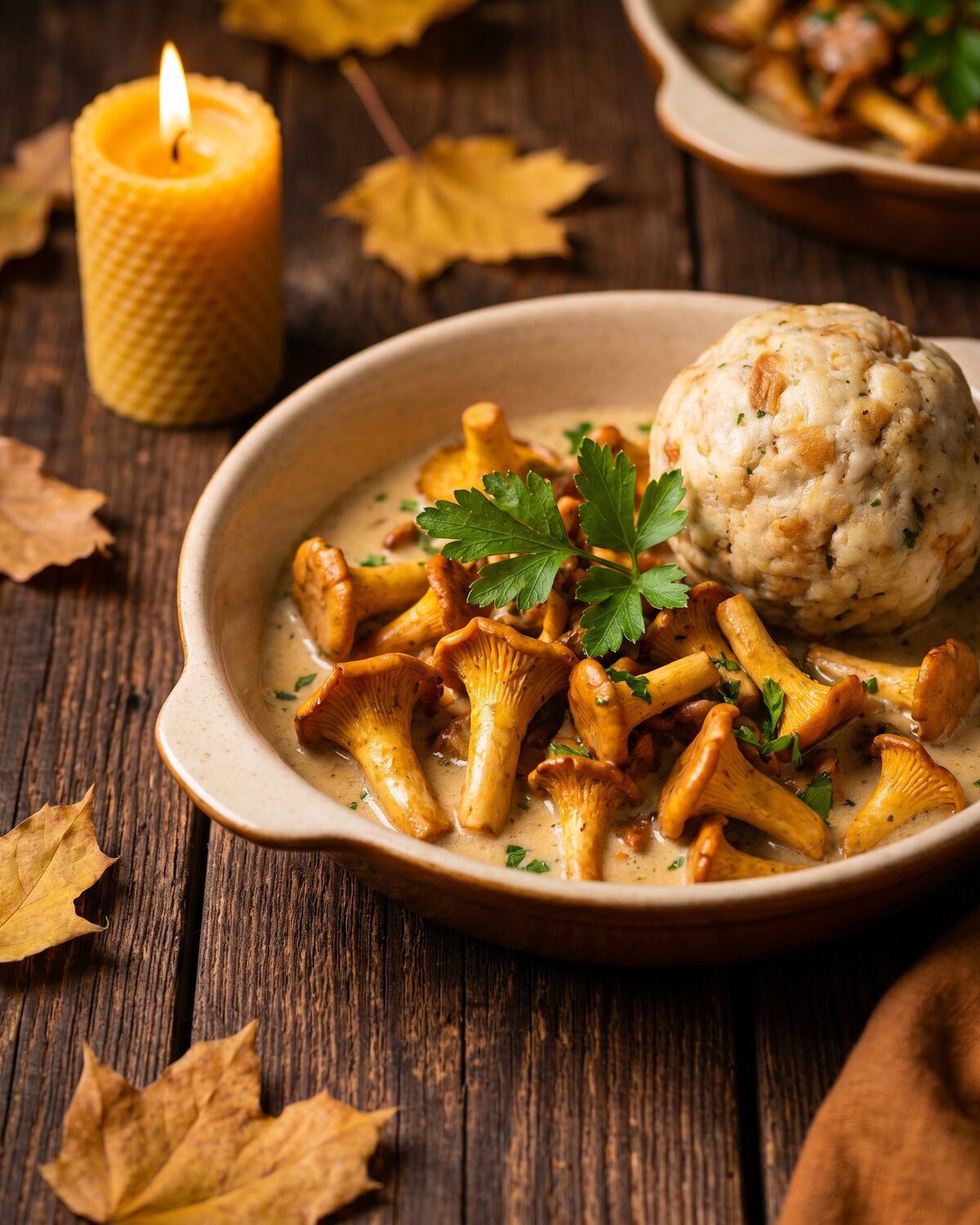 Pfannengebratene Pfifferlinge mit Rahmsauce und Semmelknödel