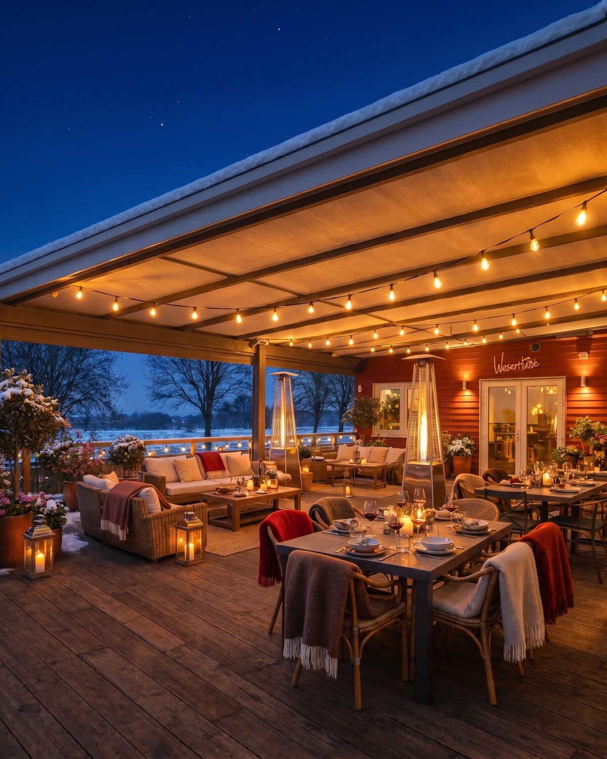 WeserHütte im Winter mit beheizter Terrasse, Lichterketten und Schnee